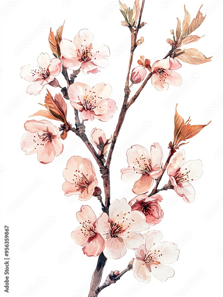 Obraz premium A watercolor illustration of a cherry blossom branch with pale pink flowers and delicate brown branches, isolated on a white background