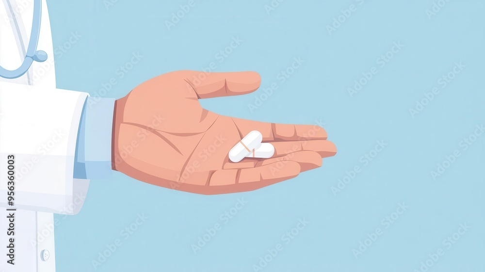 Doctor s hand, offering capsule in palm, flat design illustration Doctor s hand, offering capsule in palm, flat design illustration