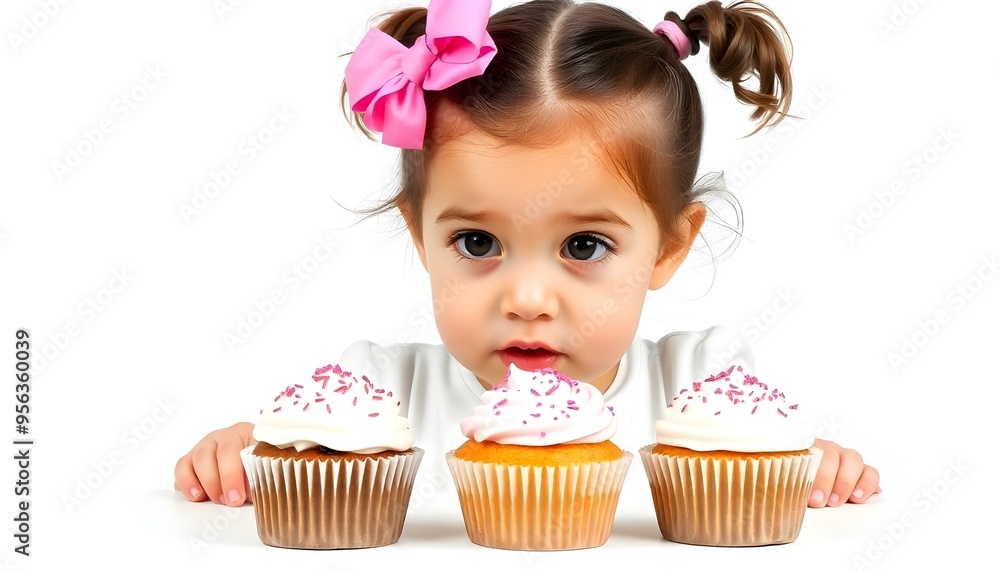 Child obesity, bad habits formed from an early age, a little girl with cupcakes isolated on a white background Child obesity, bad habits formed from an early age, a little girl with cupcakes isolated on a white background