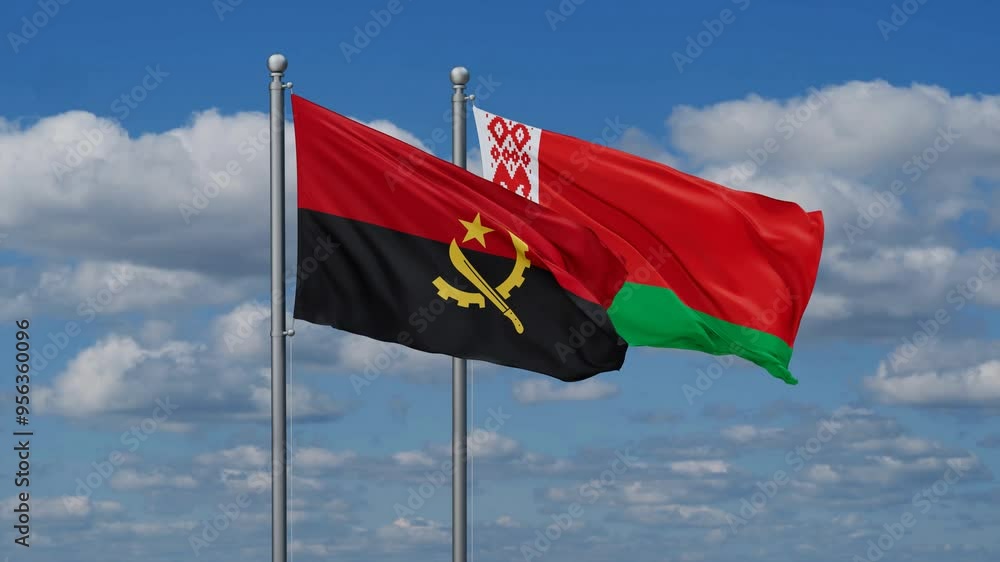 Belarus and Angola flags flying together, video concept of the relationship, two country cooperation concept Belarus and Angola flags flying together, video concept of the relationship, two country cooperation concept