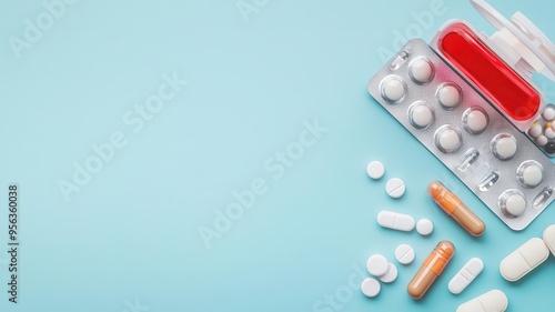 Emergency medicine kit, with visible pills and capsules, flat design illustration