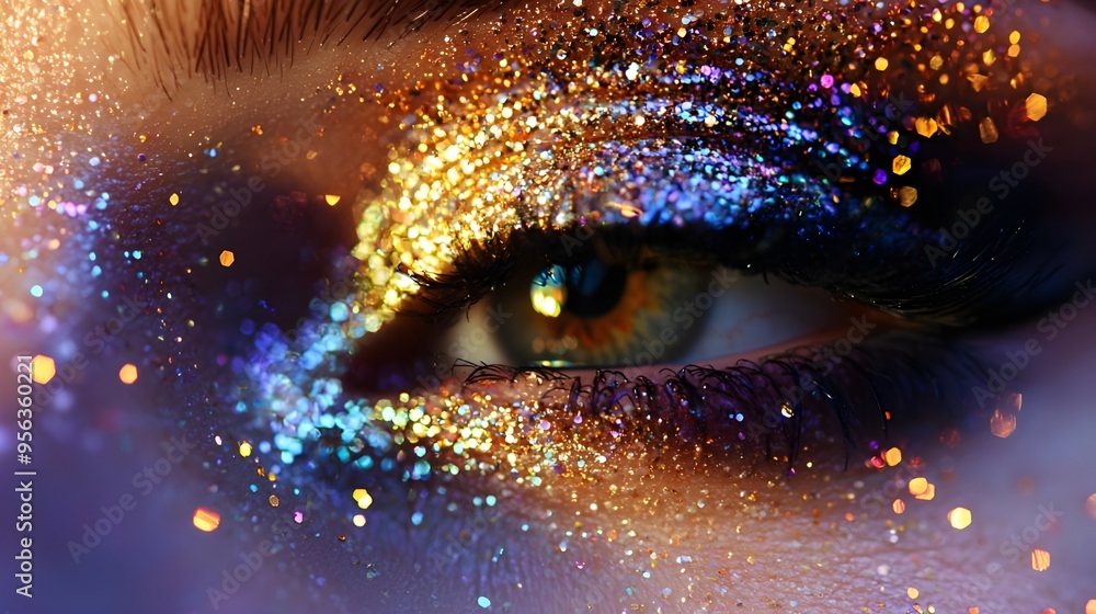 A dazzling macro photograph of glitter eyeshadow applied to an eyelid, showcasing the sparkling particles and smooth application. A dazzling macro photograph of glitter eyeshadow applied to an eyelid, showcasing the sparkling particles and smooth application.