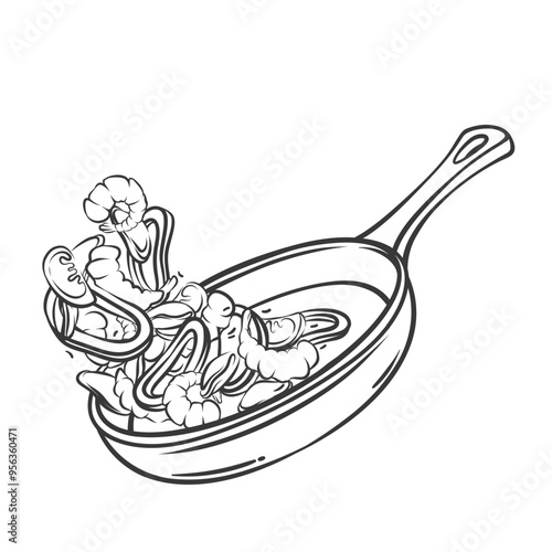 Shrimps, mussels and squid falling to frying pan line icon. Outline seafood ingredients add to pan to fry and roast. Culinary class, cooking mascot, hand drawn prawn stir fry vector illustration
