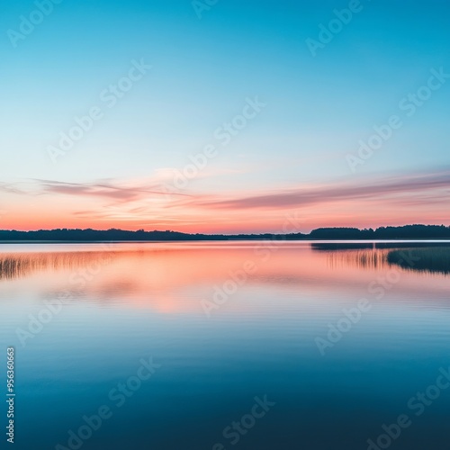 A serene sunrise over a still lake with the sky reflecting on the water.