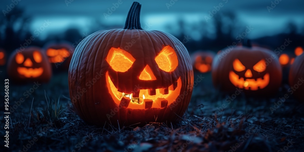 An eerie yet captivating Halloween scene featuring a field filled with glowing jack-o’-lanterns under a moody, darkening sky. An eerie yet captivating Halloween scene featuring a field filled with glowing jack-o’-lanterns under a moody, darkening sky.