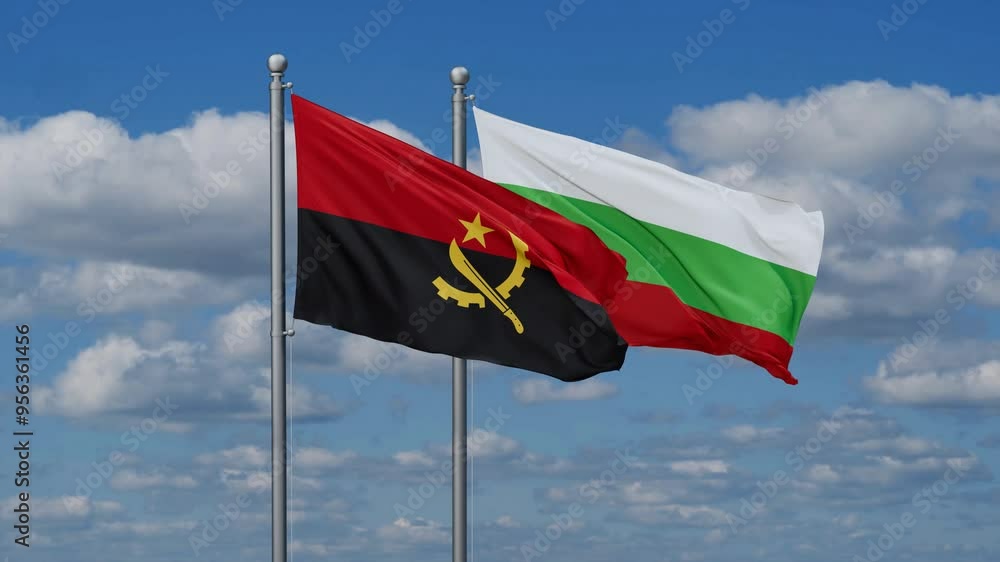 Bulgaria and Angola flags flying together, video concept of the relationship, two country relations concept Bulgaria and Angola flags flying together, video concept of the relationship, two country relations concept