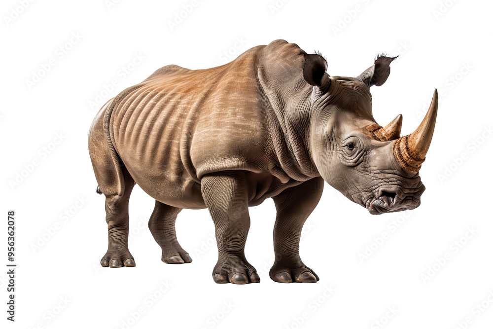 Fototapeta premium High-resolution rhinoceros isolated on transparent background, ideal for wildlife conservation themes, educational projects, and nature-inspired illustrations featuring majestic African animal designs