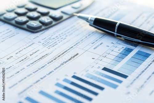 Detailed financial document featuring graphs, calculator, and pen, perfect for accounting and business analysis.