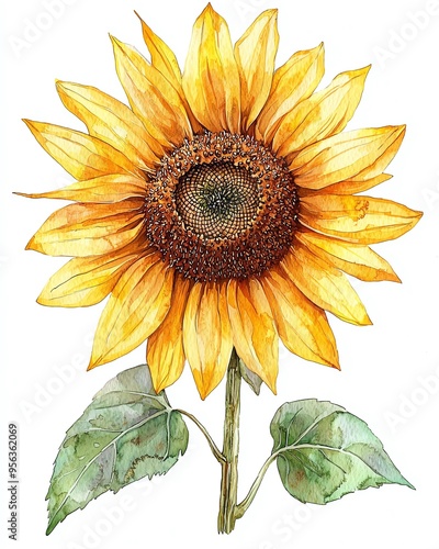 Watercolor illustration of a single sunflower with green leaves. photo