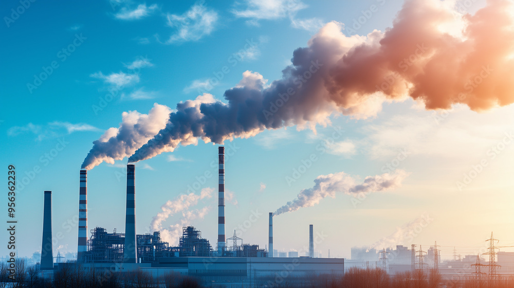 Naklejka premium Elektrownia z kominami wytwarzającymi dym, z niebieskim niebem w tle. Obrazek pokazuje emisję CO2 do atmosfery i podkreśla wyzwania związane z zanieczyszczeniem powietrza oraz rynek handlu emisjami.