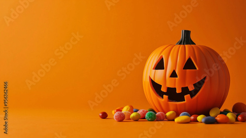 Uśmiechnięta dynia w minimalistycznym stylu, otoczona cukierkami. Przyjazny i elegancki design doskonale pasuje do dekoracji i materiałów promujących Halloween.