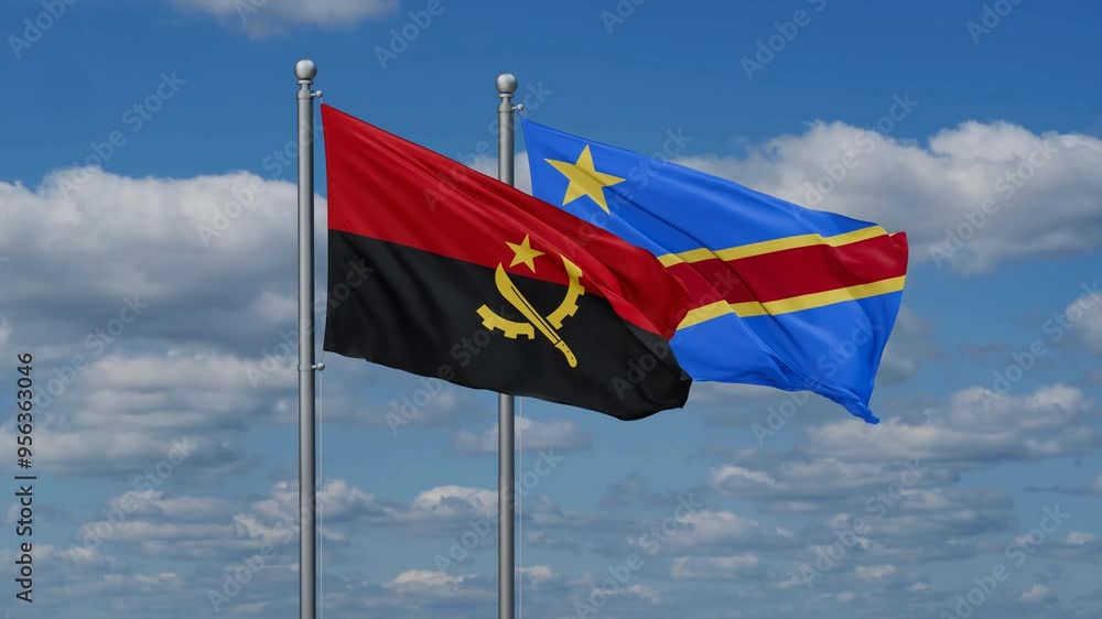 Democratic Republic of the Congo and Angola flags flying together, video concept of the relationship, two country relations concept Democratic Republic of the Congo and Angola flags flying together, video concept of the relationship, two country relations concept