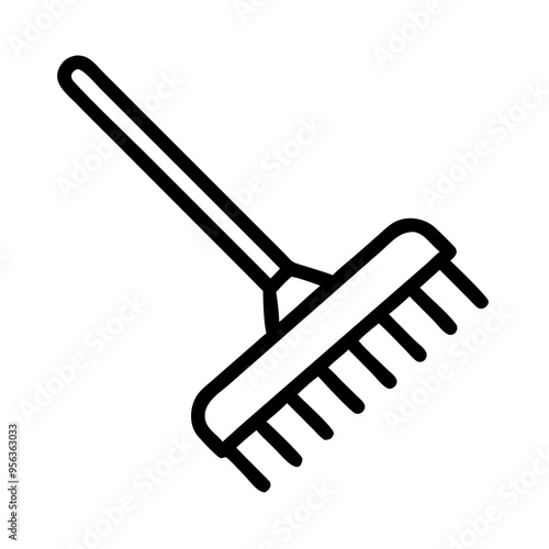 Icon of Garden Rake in Minimalist Black and White Design, Gardening Tool Concept
