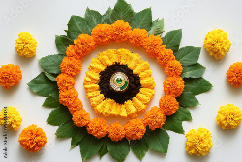 marigold flower rangoli design on white background photo