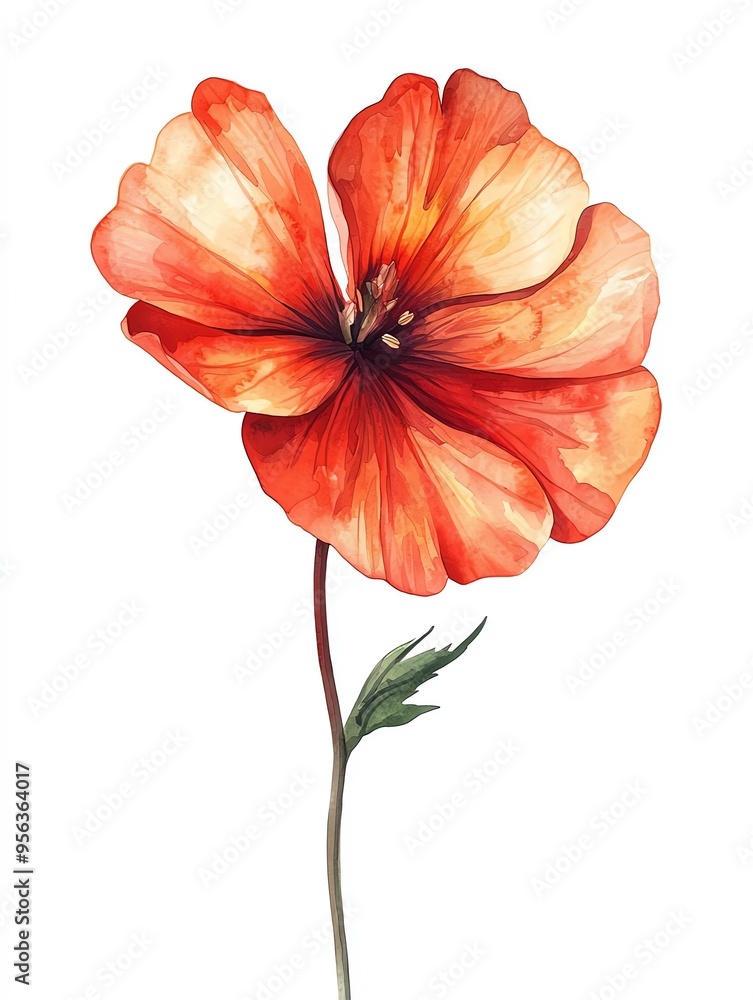 Watercolor painting of a single red poppy flower. Watercolor painting of a single red poppy flower.