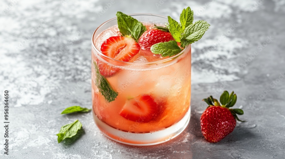 Savor a refreshing strawberry cocktail, beautifully presented with mint and strawberries in soft lighting. Savor a refreshing strawberry cocktail, beautifully presented with mint and strawberries in soft lighting.