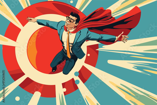 Determined businessman superhero flying through targets, achieving goals with leadership and motivation