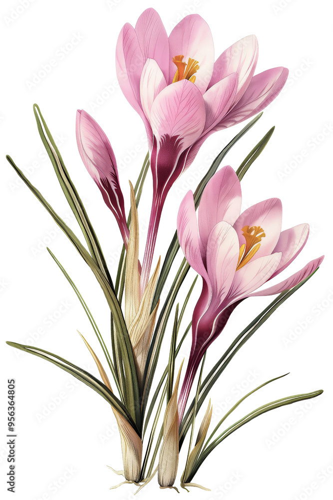 Fototapeta premium Vibrant botanical illustration of an Crocus flower with lush green leaves, perfect for nature or floral-themed projects, watercolor art, PNG transparent background