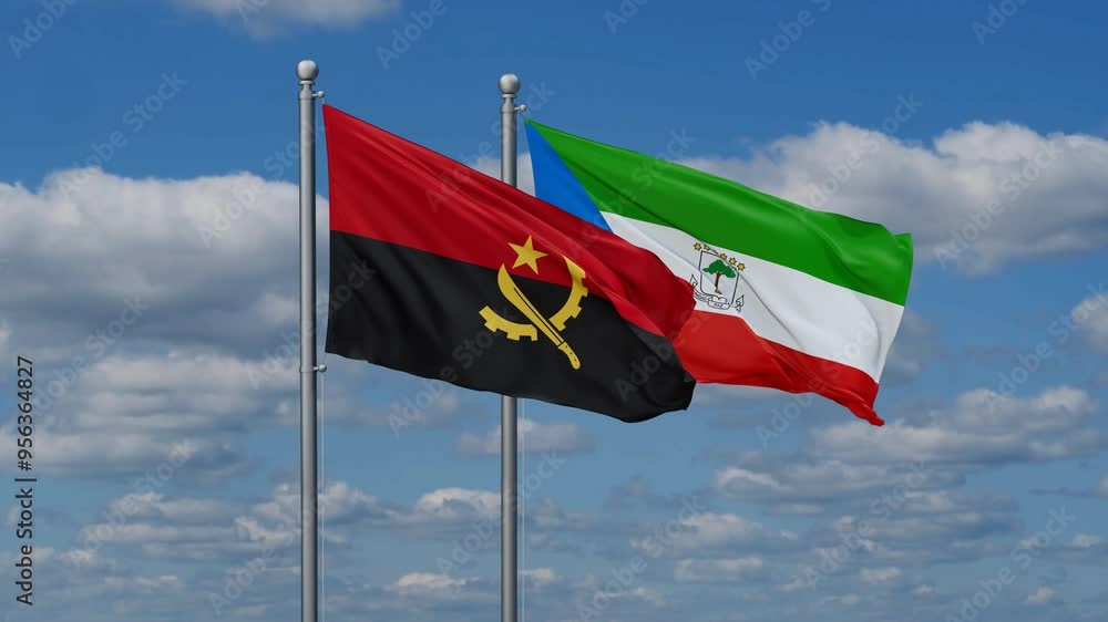 Equatorial Guinea and Angola flags flying together, video concept of the relationship, two country relations concept Equatorial Guinea and Angola flags flying together, video concept of the relationship, two country relations concept