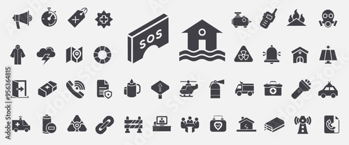 Emergency crisis management glyph icon collection megaphone timer first aid kit hospital ambulance firefighter truck