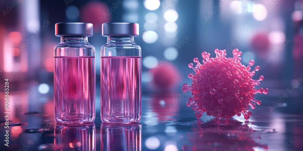 Science Vials and Cancer Cell Model on Reflective Lab Surface Science Vials and Cancer Cell Model on Reflective Lab Surface