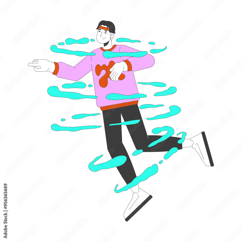 Obraz premium Smiling korean male floating in steam rings 2D cartoon character. fantasy about flight. Dreaming man in whirlpool isolated person flat vector on white background. Spot illustration colorful