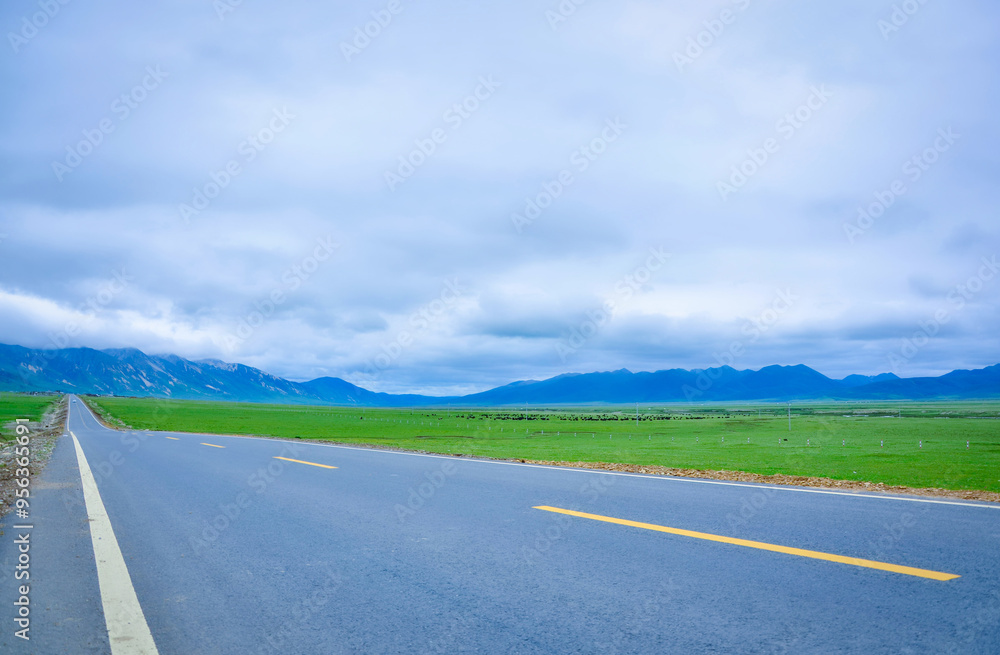 Fototapeta premium Highway view through green grasslands