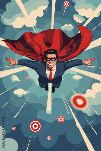 Determined businessman superhero flying through targets, achieving goals with leadership and motivation