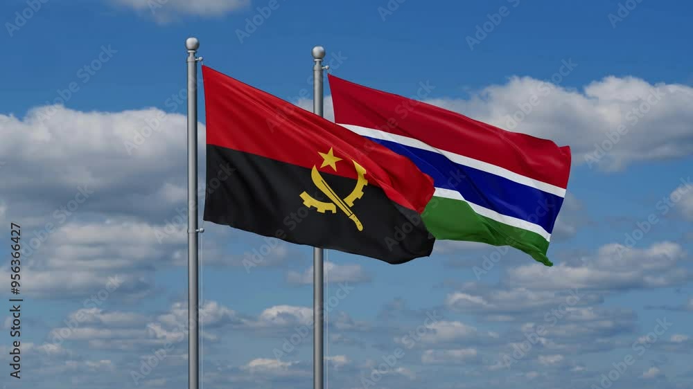 Gambia and Angola flags flying together, video concept of the relationship, two country relations concept Gambia and Angola flags flying together, video concept of the relationship, two country relations concept