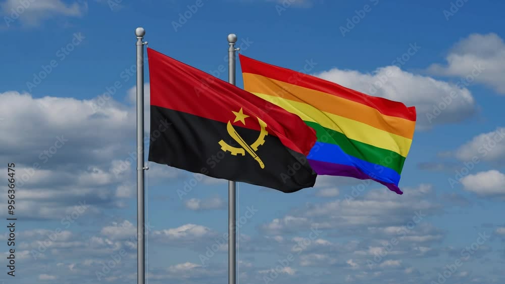 LGBT movement flag also Gay Pride and Angola two flags waving cycle looped video, tolerance conception in country LGBT movement flag also Gay Pride and Angola two flags waving cycle looped video, tolerance conception in country