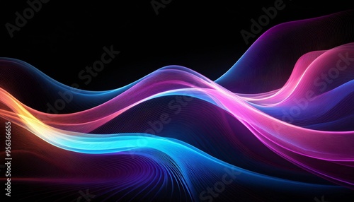 big neon wave background for design; light painting on black backdrop, flash and smoke