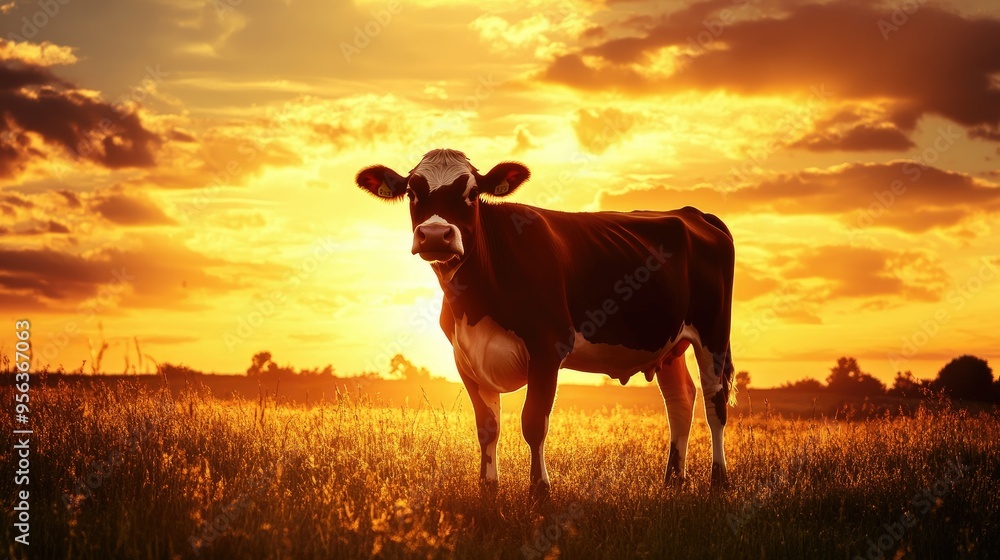 A rustic cow symbol set against a golden sunset, symbolizing the timeless beauty of rural life. A rustic cow symbol set against a golden sunset, symbolizing the timeless beauty of rural life.