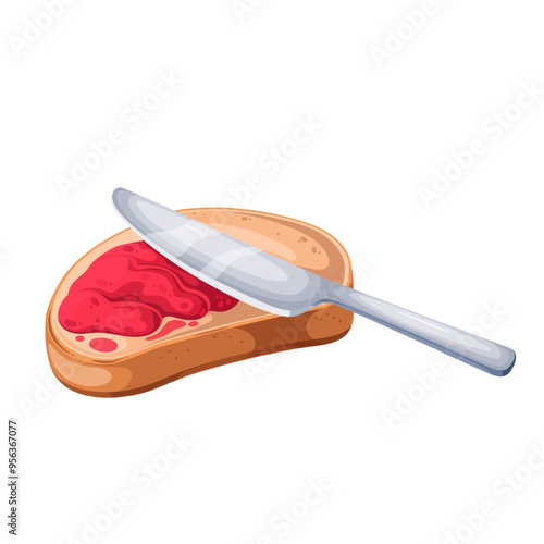 Spread raspberry jam on cartoon slice of bread with knife. Making toast with strawberry jam. Cooking morning sandwich for tea mascot, cartoon delicious piece of loaf and marmalade vector illustration