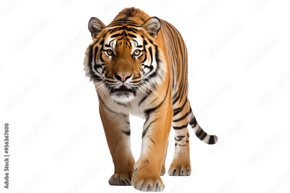 Naklejka premium Majestic tiger isolated on transparent background, perfect for wildlife conservation, animal art projects, and bold graphic design concepts featuring the fierce beauty of big cats