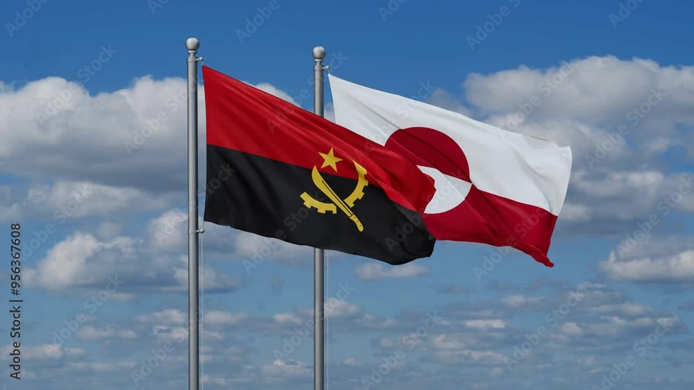 Greenland and Angola flags flying together, video concept of the relationship, two country relations concept Greenland and Angola flags flying together, video concept of the relationship, two country relations concept