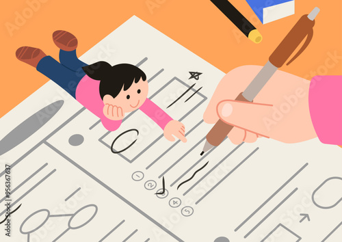 A small version of me is helping me take an exam. Cartoon style illustration for scholastic ability test in Korea. 
