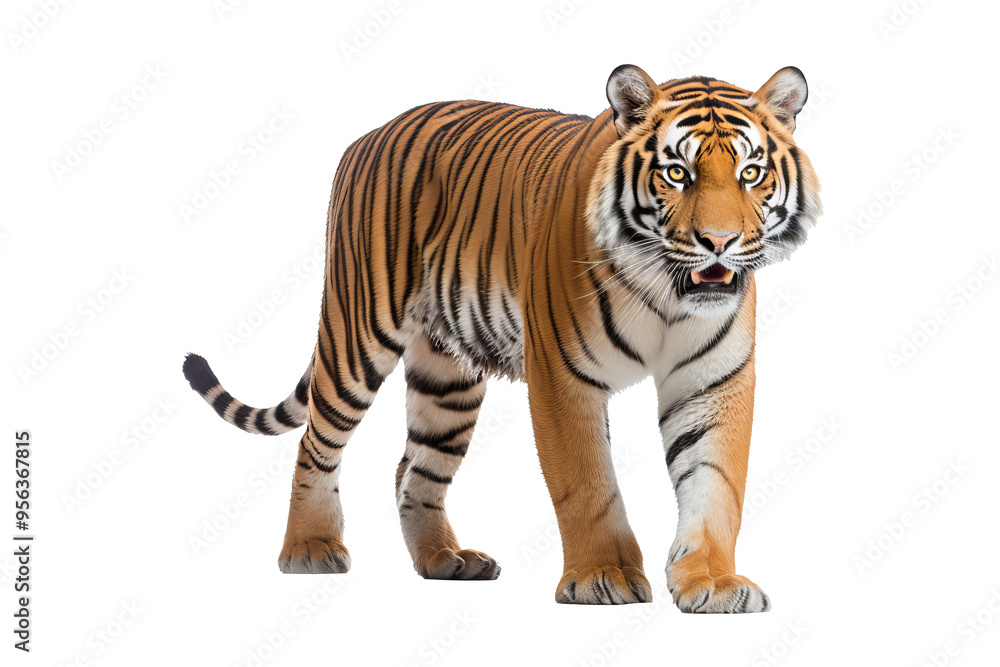 Fototapeta premium Majestic tiger isolated on transparent background, perfect for wildlife conservation, animal art projects, and bold graphic design concepts featuring the fierce beauty of big cats