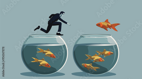 Confident businessman leaping from small fishbowl to larger one, representing change, growth, and embracing new challenges