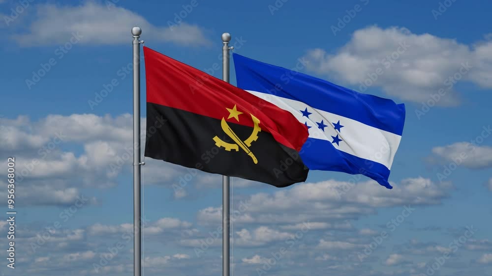 Honduras and Angola flags flying together, video concept of the relationship, two country relations concept Honduras and Angola flags flying together, video concept of the relationship, two country relations concept