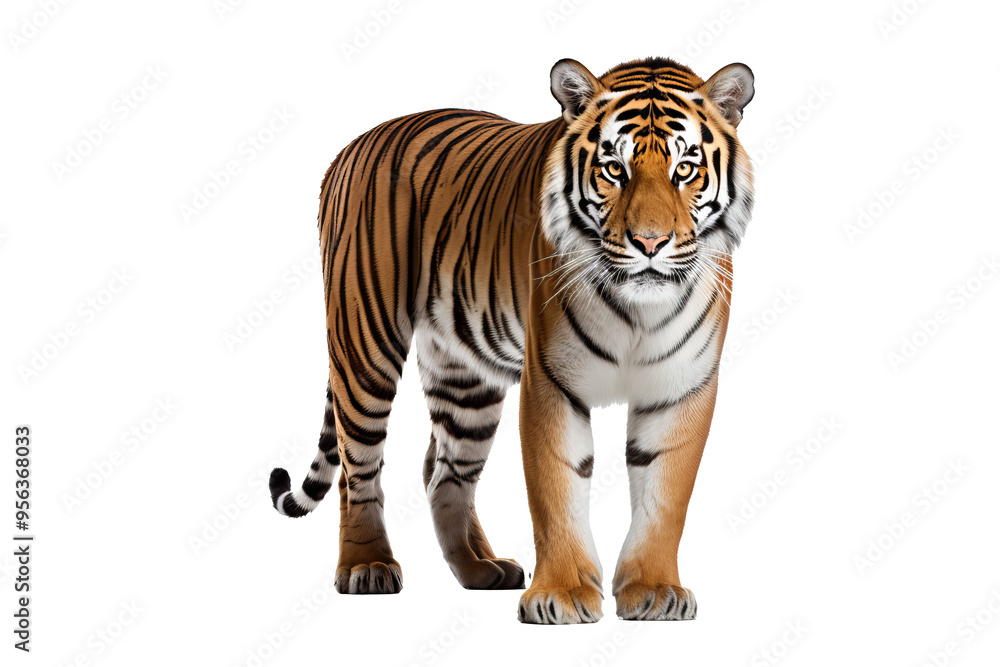 Fototapeta premium Majestic tiger isolated on transparent background, perfect for wildlife conservation, animal art projects, and bold graphic design concepts featuring the fierce beauty of big cats