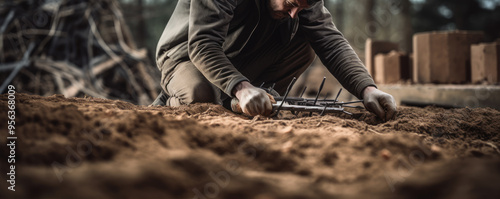 Worker with pliers and wires buil base mini houses.