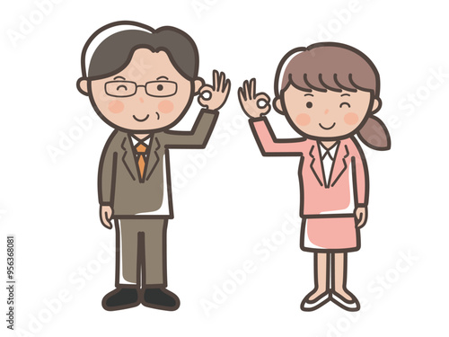 OKサインを出すスーツ姿の男女ビジネスマンの全身イラスト_上司と部下セット