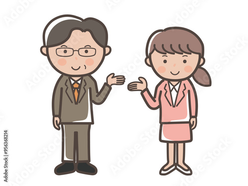 説明や紹介をするスーツ姿の男女ビジネスマンの全身イラスト_上司と部下セット