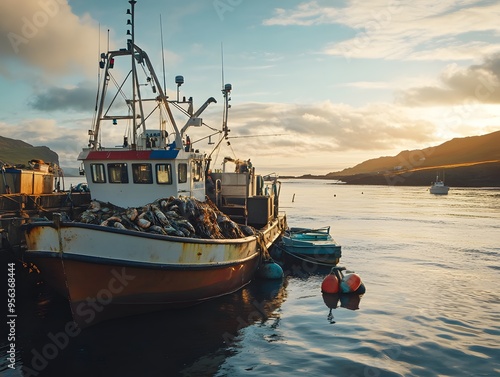 A picturesque coastal scene with a sustainable seafood catch being unloaded from a small fishing boat, surrounded by natural beauty photo