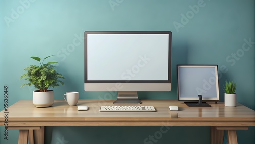 An open laptop with a blank white screen sitting on a wooden table, minimalist workspace, beige wall background