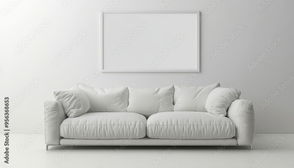 Stylish grey sofa against white wall featuring blank poster frame in modern living room design Stylish grey sofa against white wall featuring blank poster frame in modern living room design