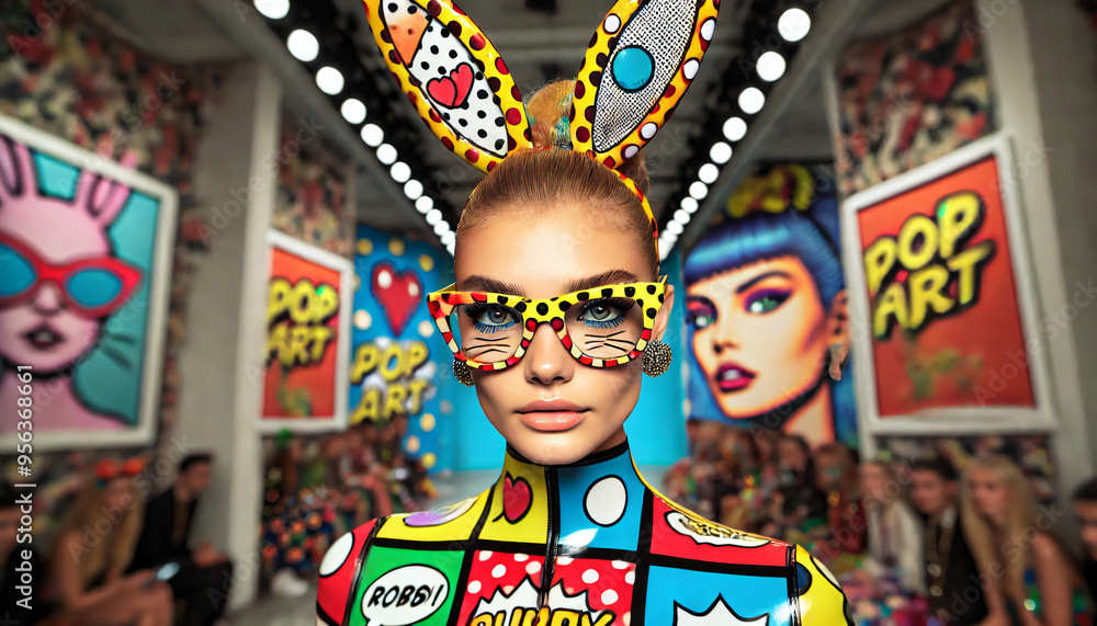 Obraz premium Fashionista woman dressed as bunny pop-art, Fashion week