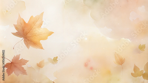 Autumn background in watercolor style with falling leaves on soft pastel colors