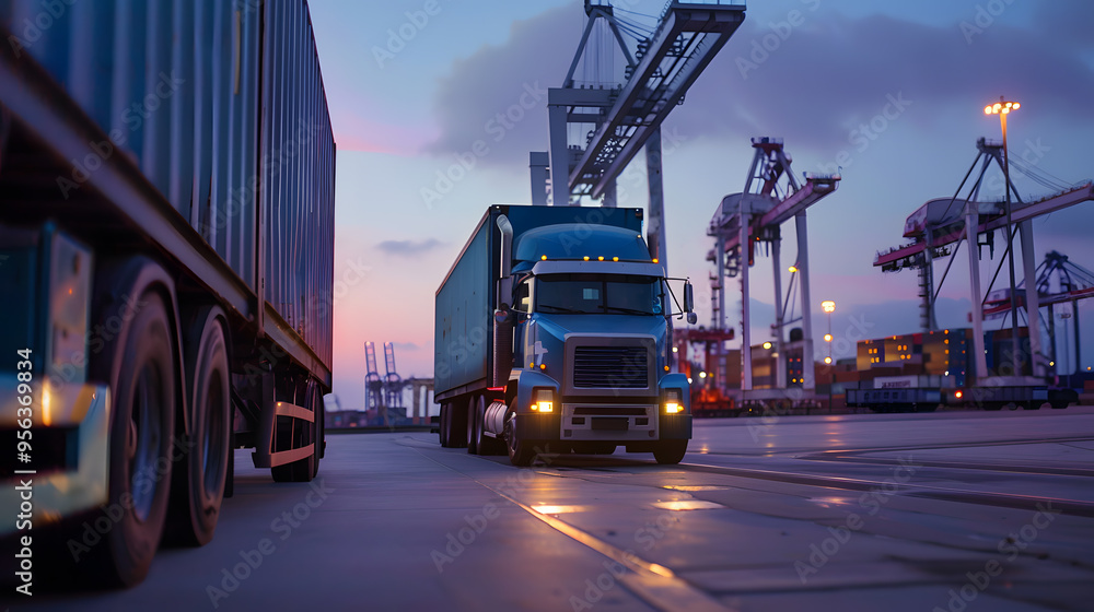 Fototapeta premium Truck trailer on the pier in the cargo port terminal with cranes and containers. AI Generated