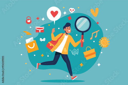 Customer Insight Optimizes Experience: Happy Shopper on Magnifying Glass Analyzing Consumer Behavior Journey